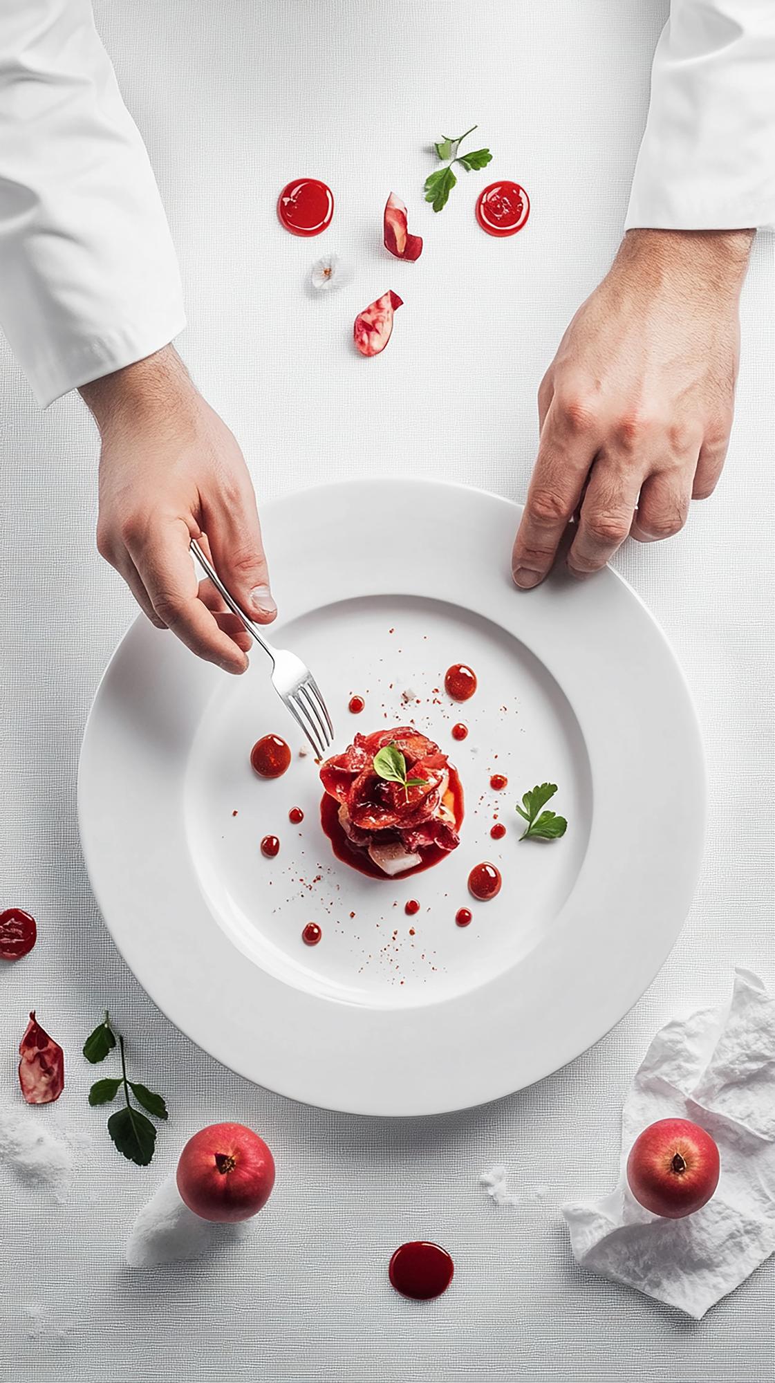 hands plating a composed dish with tweezers